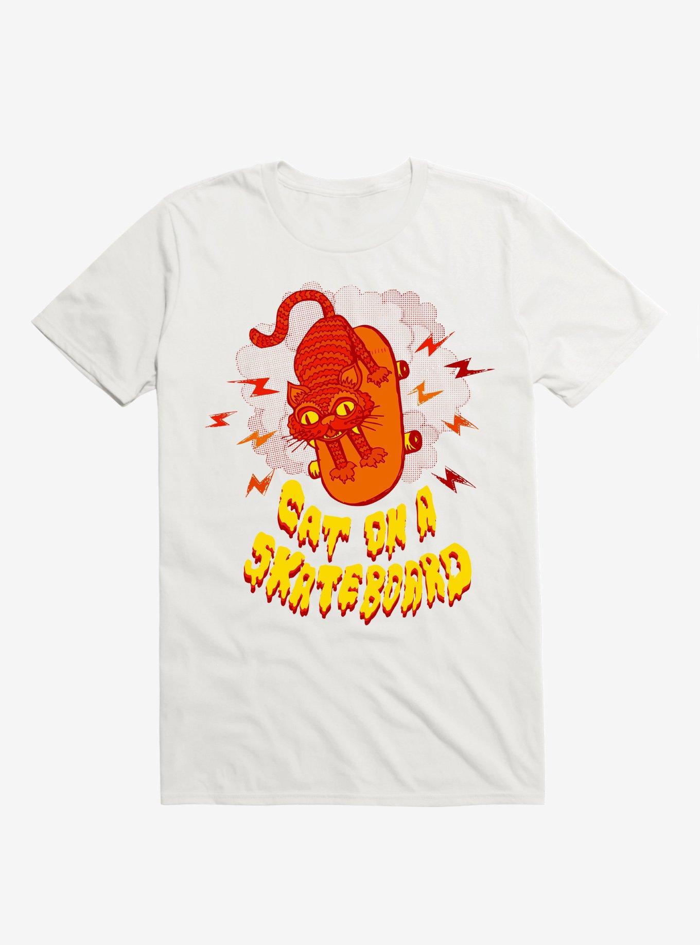 Cat On A Skateboard White T-Shirt, , hi-res