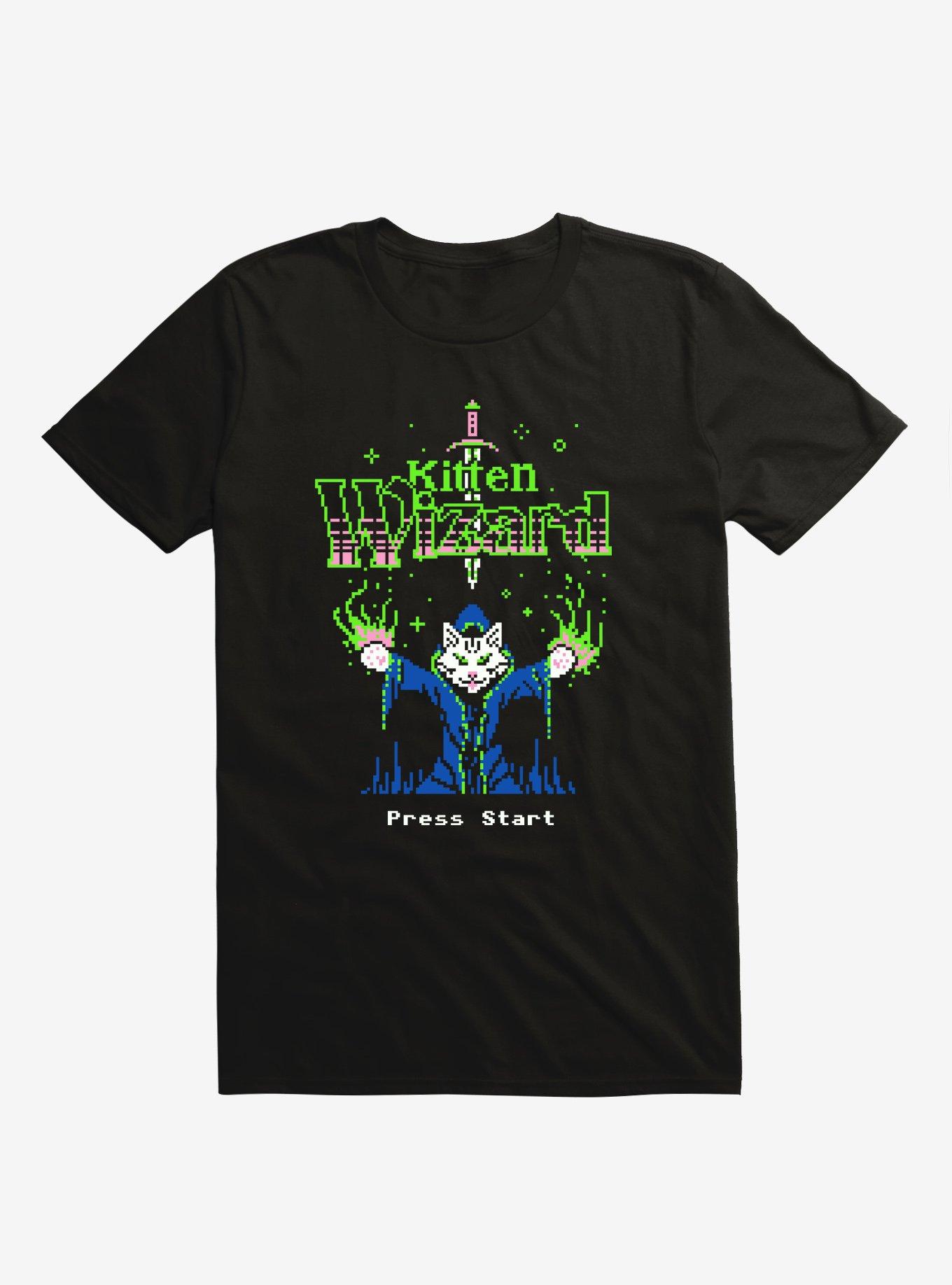 Kitten Wizard 8-Bit Cat Black T-Shirt, BLACK, hi-res
