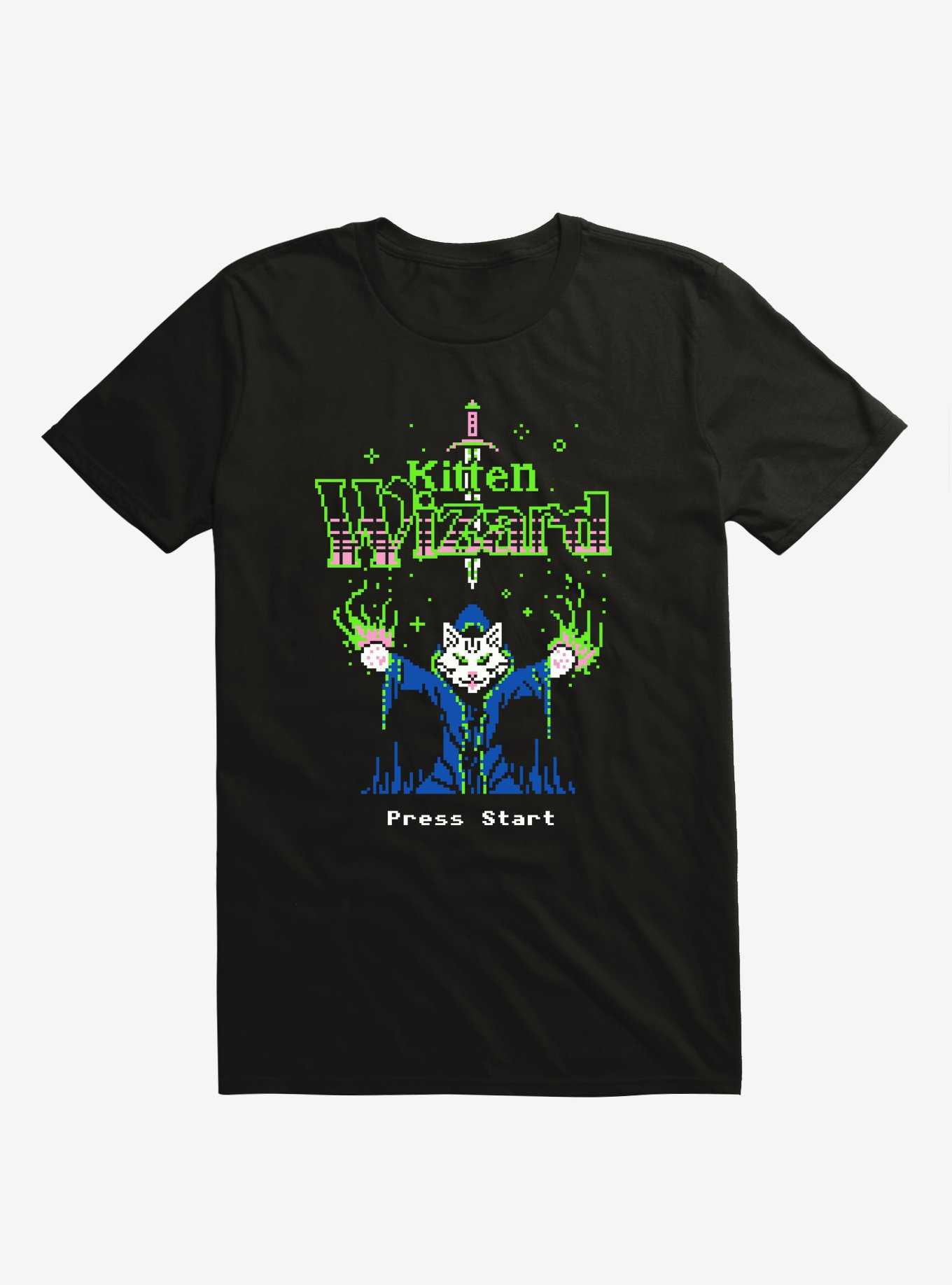Kitten Wizard 8-Bit Cat Black T-Shirt, , hi-res