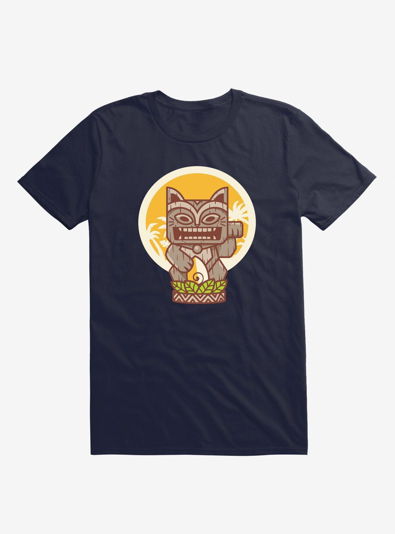 Kitty Tiki Wooden Cat Navy Blue T-Shirt, NAVY, hi-res