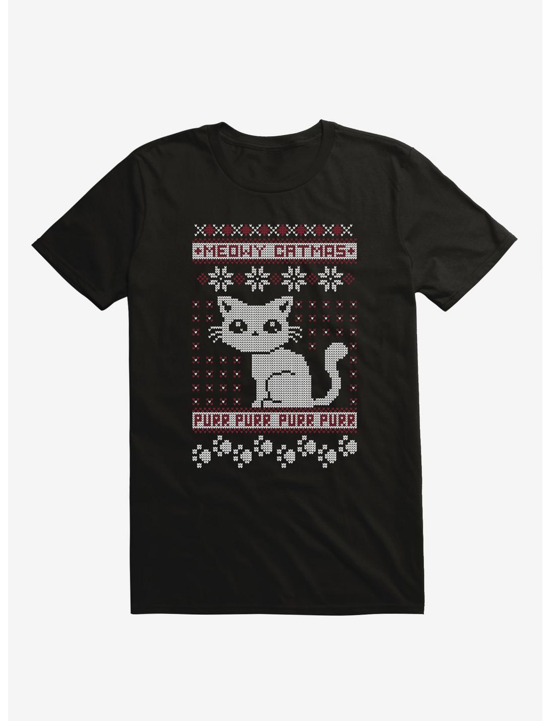 Meowy Catmas Cat Holiday Sweater Black T-Shirt, BLACK, hi-res