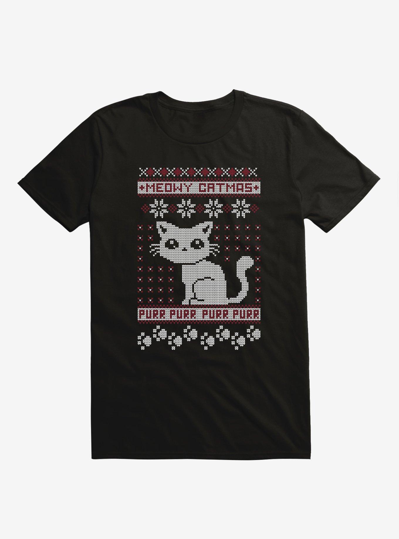 Meowy Catmas Cat Holiday Sweater Black T-Shirt, BLACK, hi-res