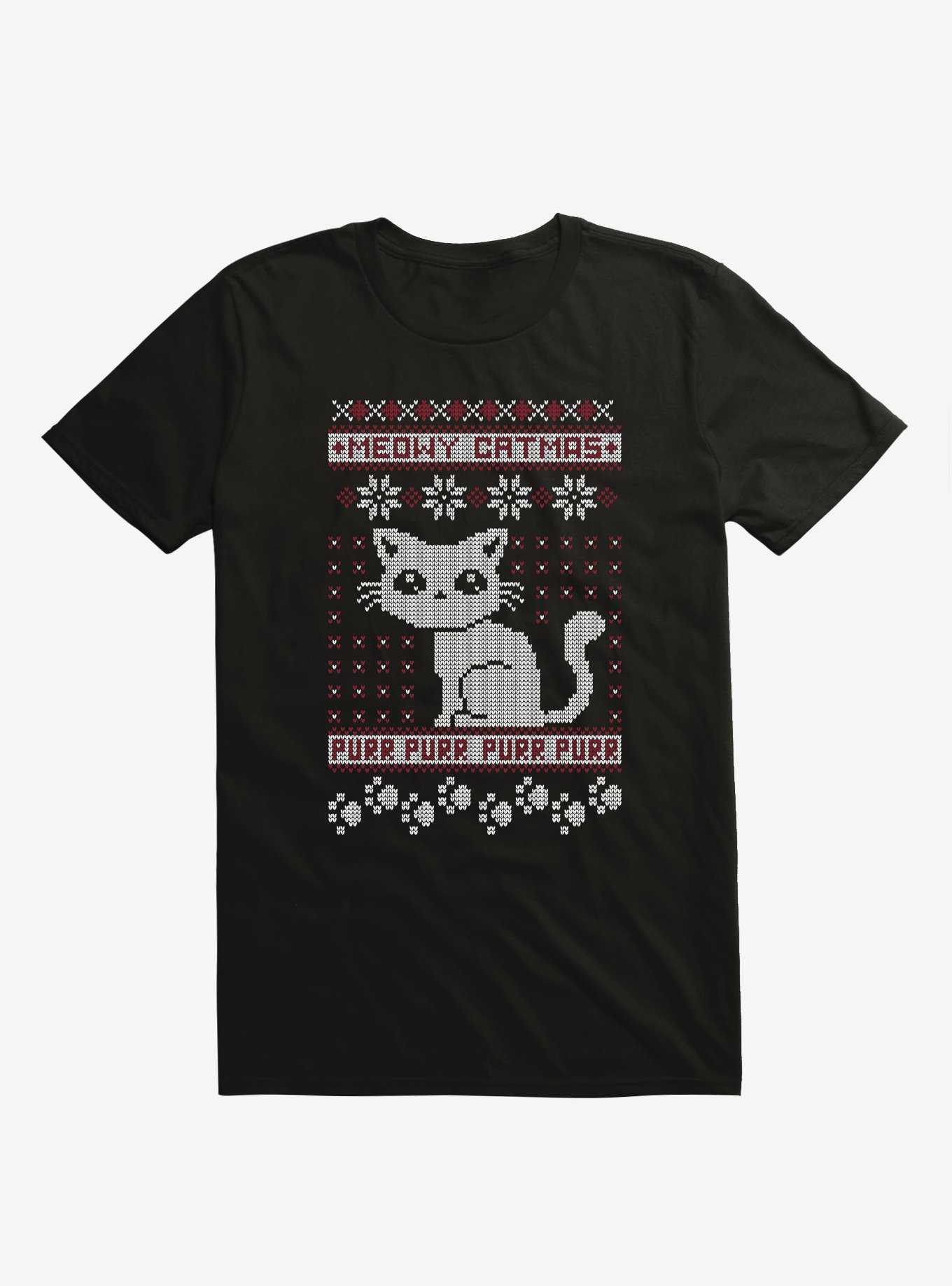 Meowy Catmas Cat Holiday Sweater Black T-Shirt, , hi-res