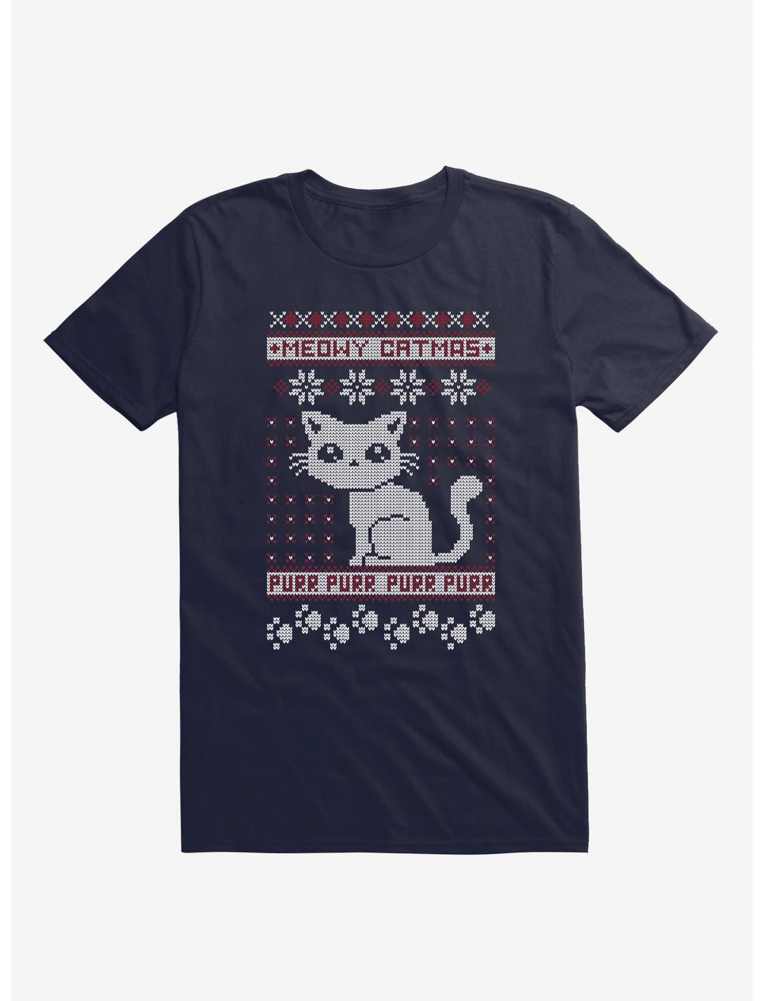 Meowy Catmas Cat Holiday Sweater Navy Blue T-Shirt, NAVY, hi-res