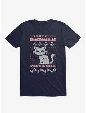 Meowy Catmas Cat Holiday Sweater Navy Blue T-Shirt, , hi-res