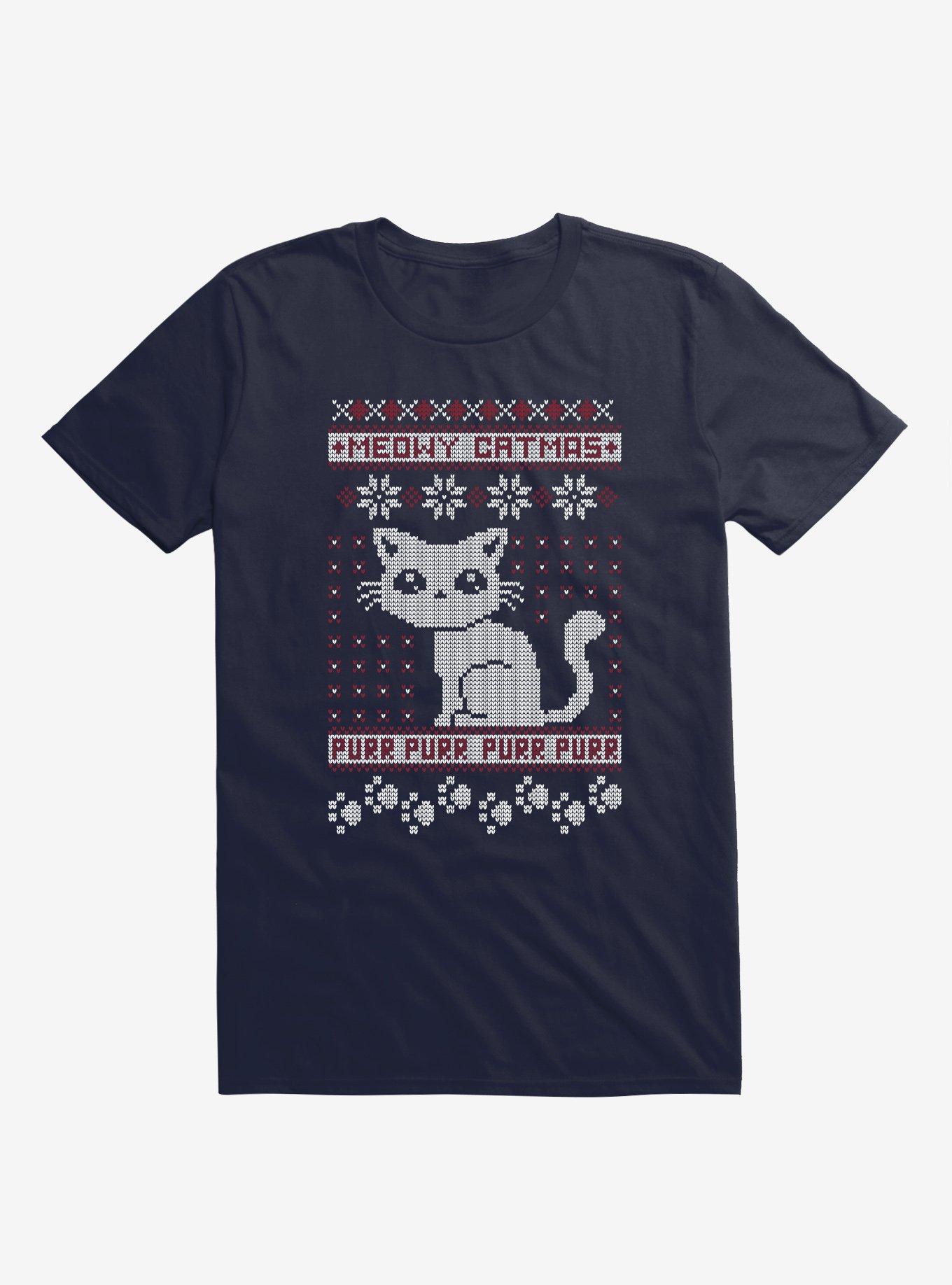 Meowy Catmas Cat Holiday Sweater Navy Blue T-Shirt, NAVY, hi-res