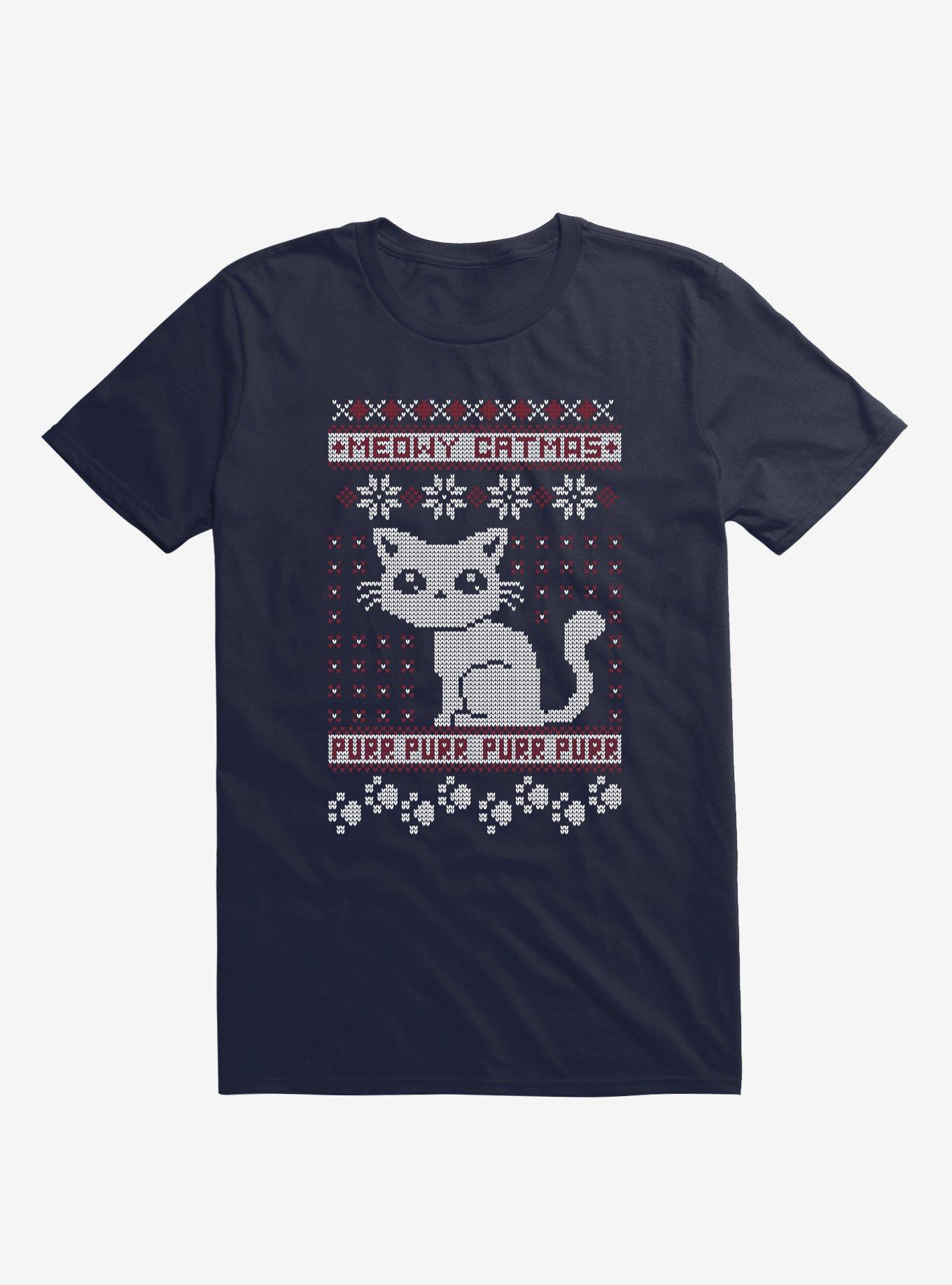 Meowy Catmas Cat Holiday Sweater Navy Blue T-Shirt, , hi-res