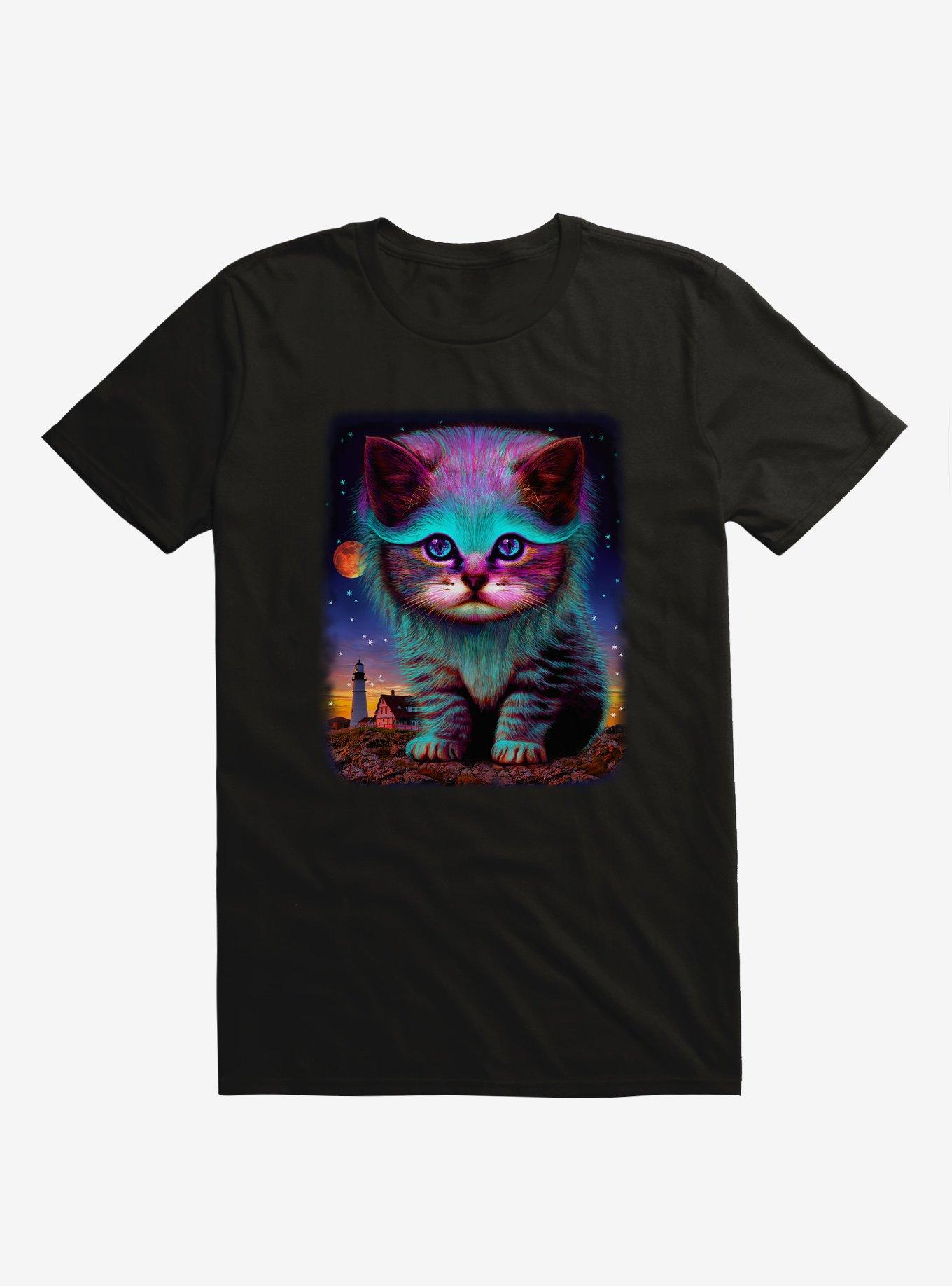 Waiting For My Fish Cat & Stars Black T-Shirt, BLACK, hi-res