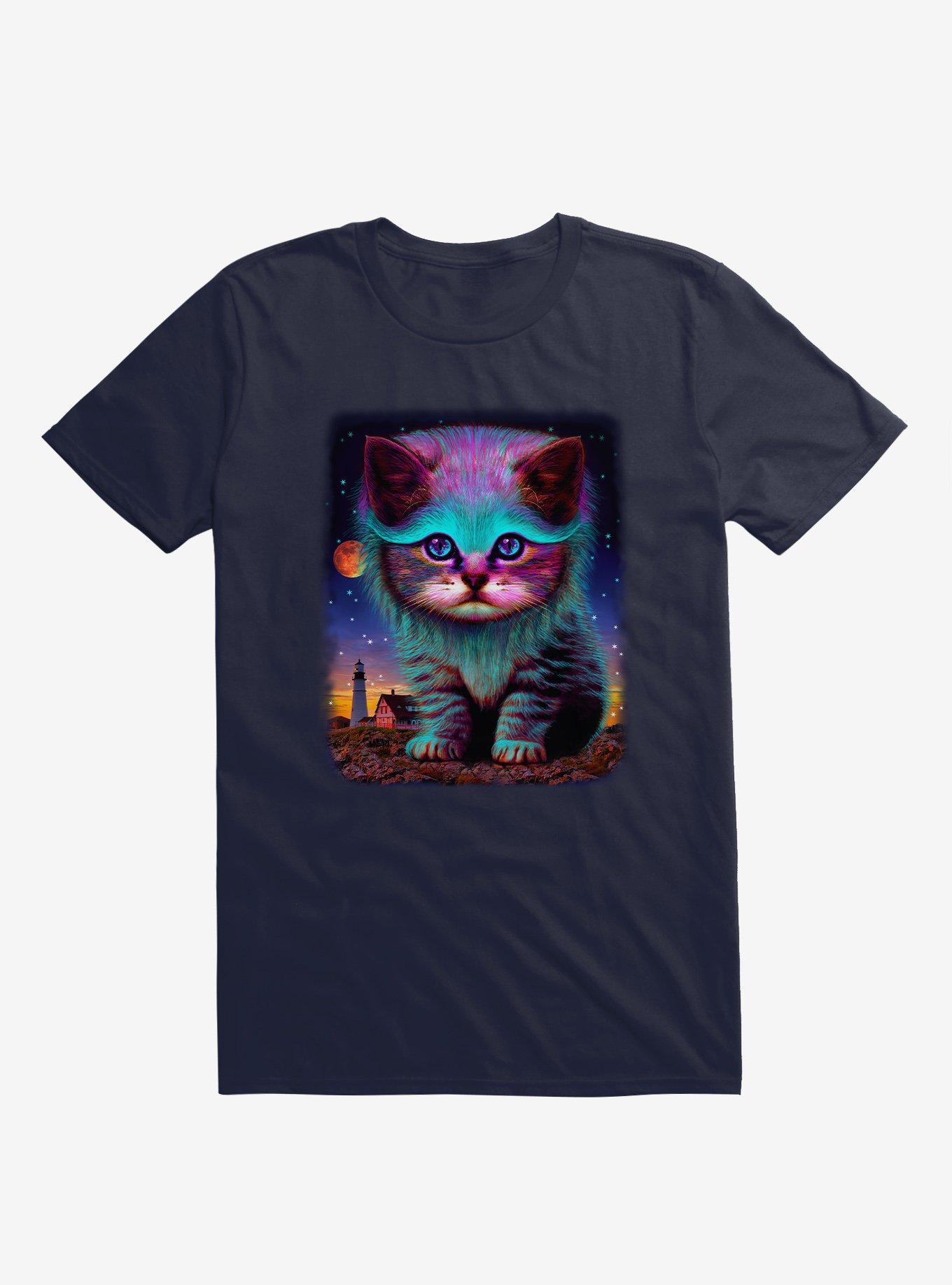 Waiting For My Fish Cat & Stars Navy Blue T-Shirt, NAVY, hi-res