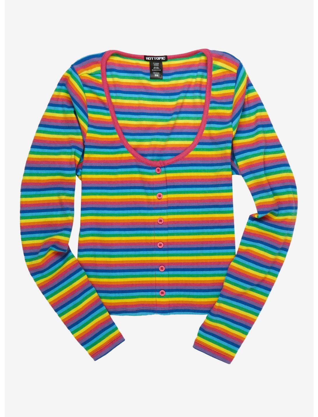 Rainbow Stripe Girls Ribbed Long-Sleeve T-Shirt, RAINBOW, hi-res