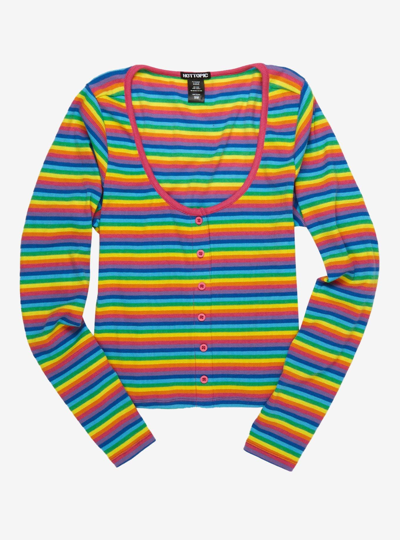 Rainbow Stripe Girls Ribbed Long-Sleeve T-Shirt, RAINBOW, hi-res