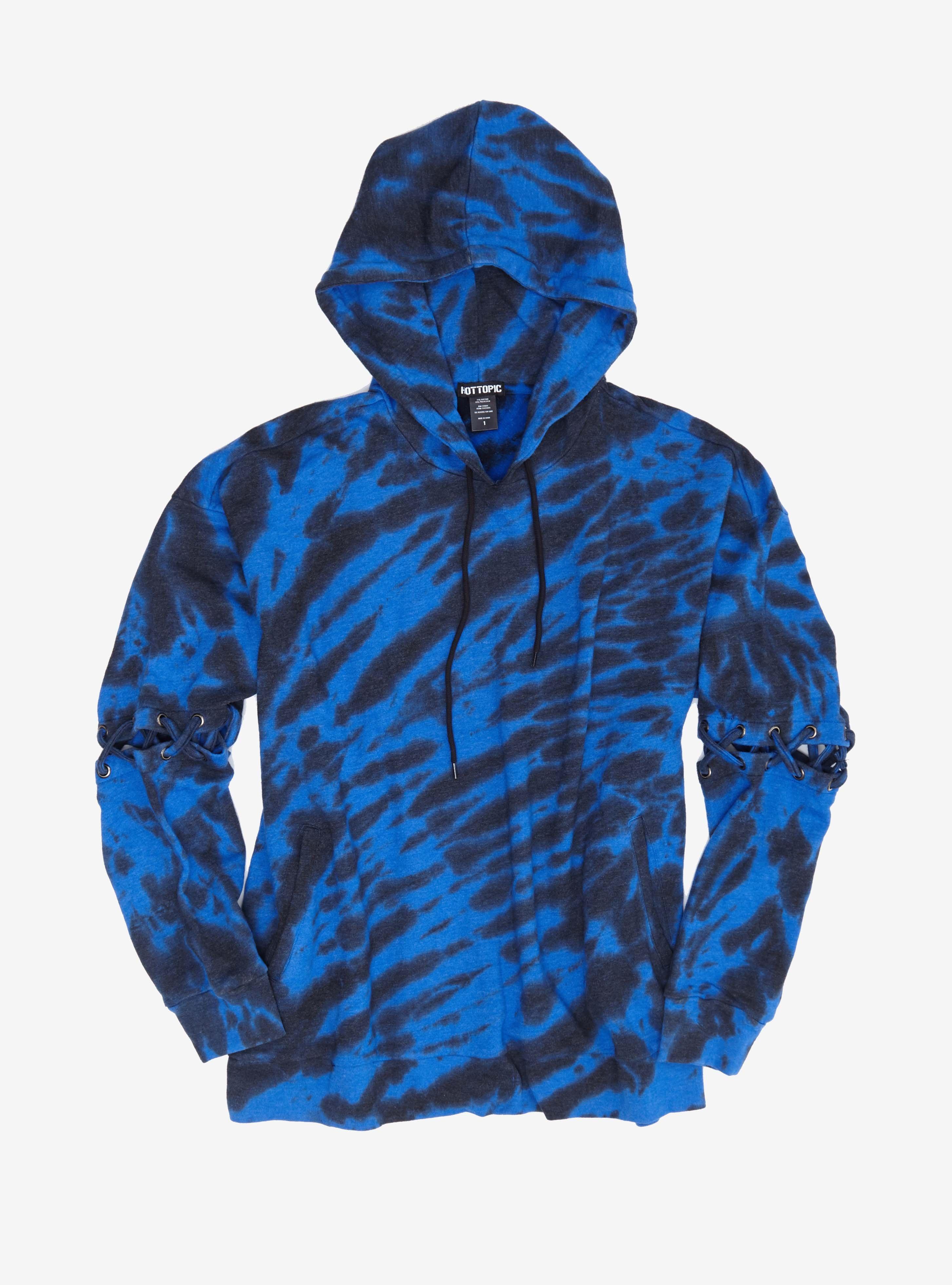 Blue & Black Lace-Up Sleeve Tie-Dye Girls Hoodie Plus Size, BLACK, hi-res