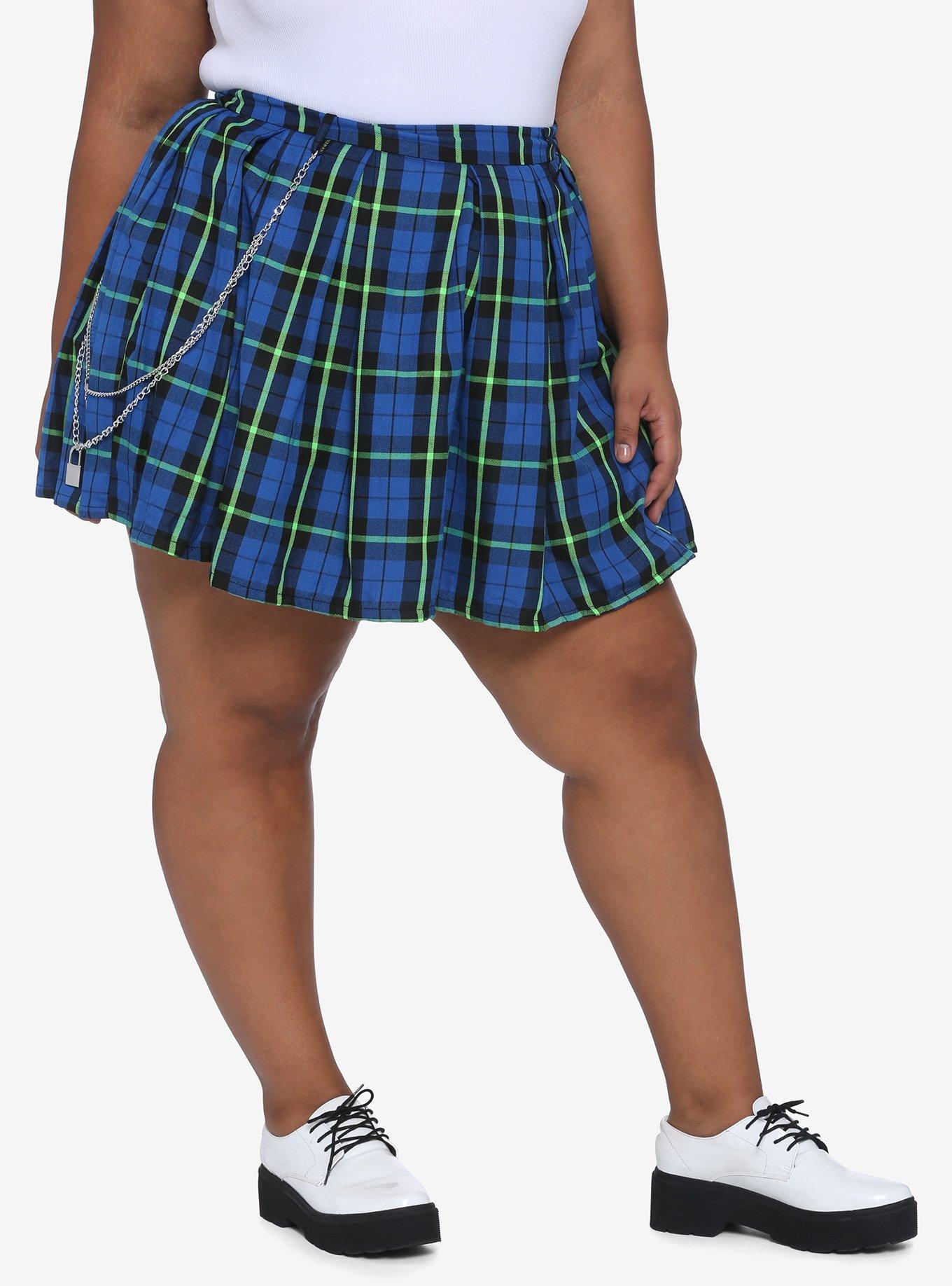 Blue Green Plaid Pleated Chain Skirt Plus Size, PLAID, hi-res