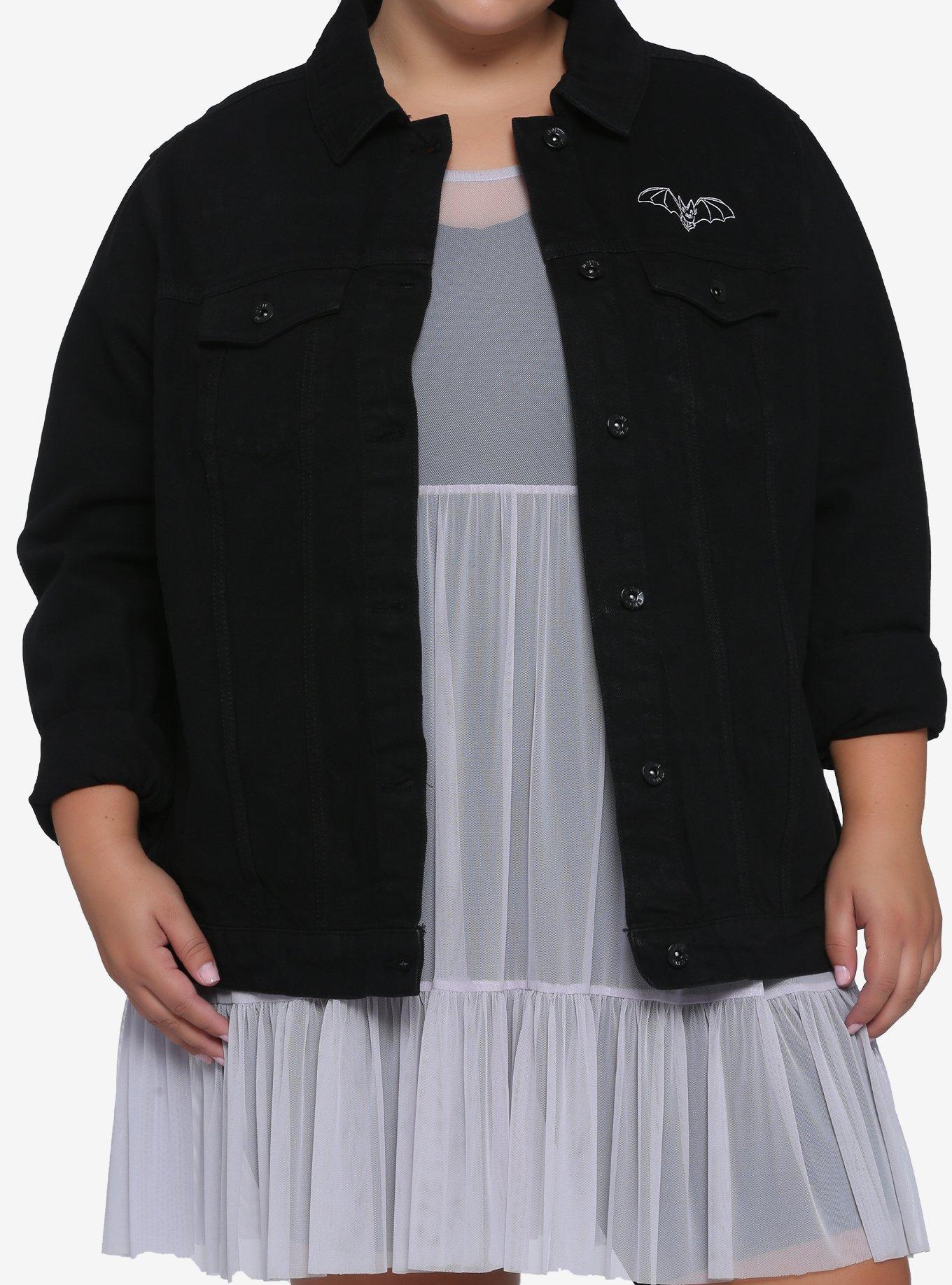 Bat & Moons Oversized Girls Denim Jacket Plus Size, WHITE, hi-res