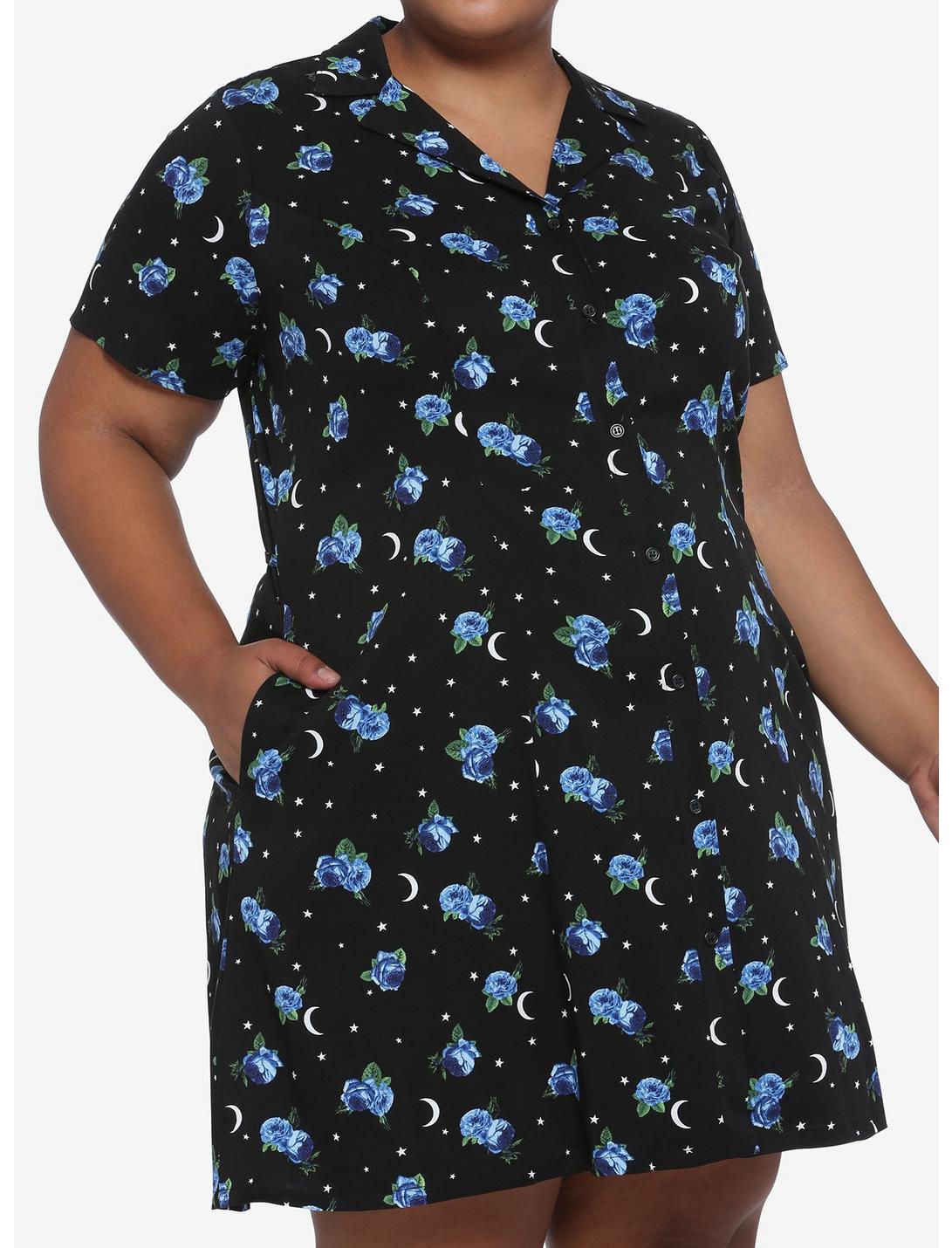 Blue Rose & Moon Button-Front Dress Plus Size, BLUE, hi-res