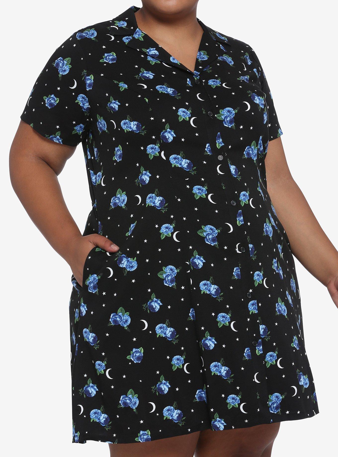 Blue Rose & Moon Button-Front Dress Plus Size, BLUE, hi-res
