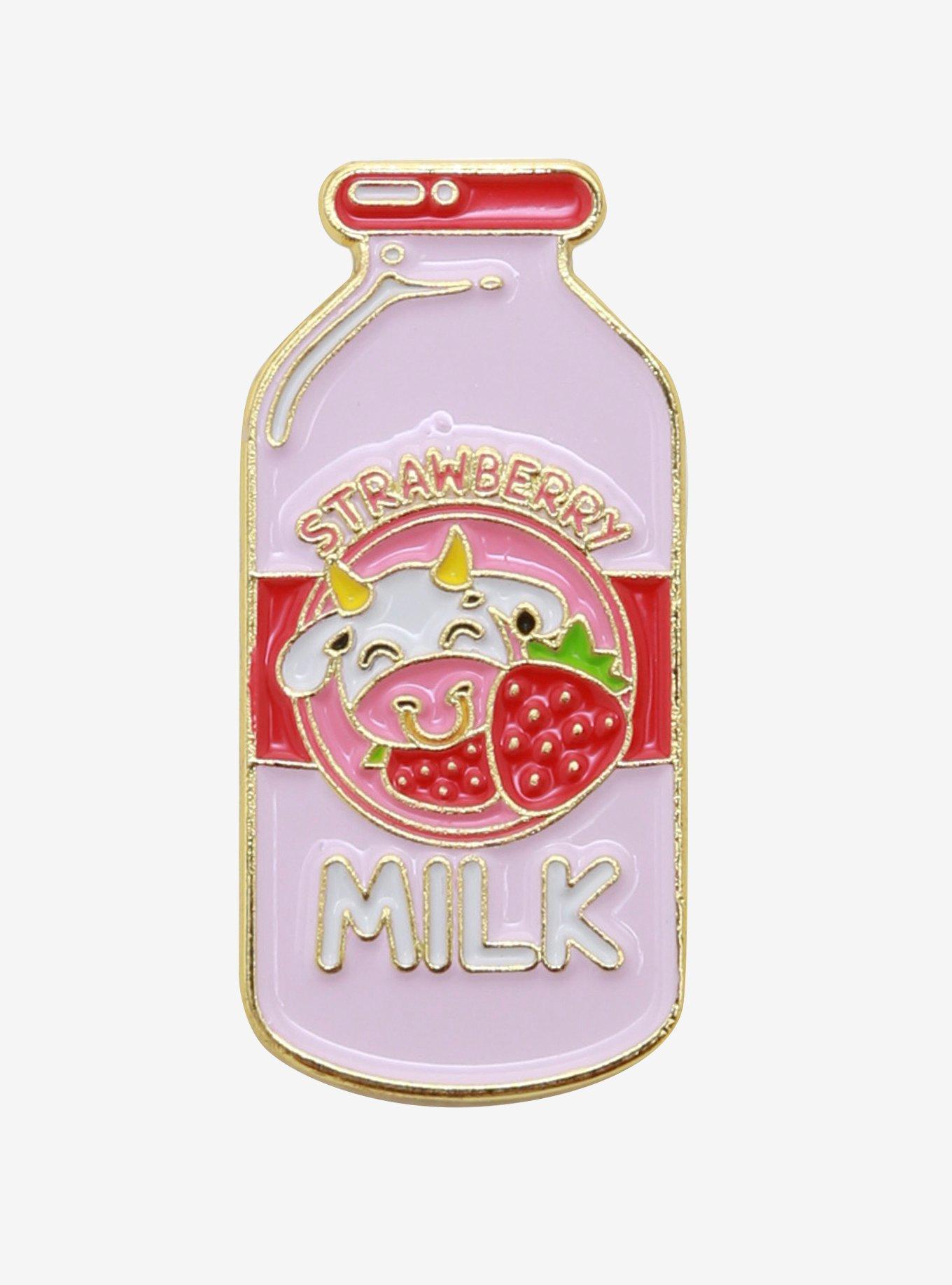 Strawberry Milk Bottle With Cow Enamel Pin, , hi-res