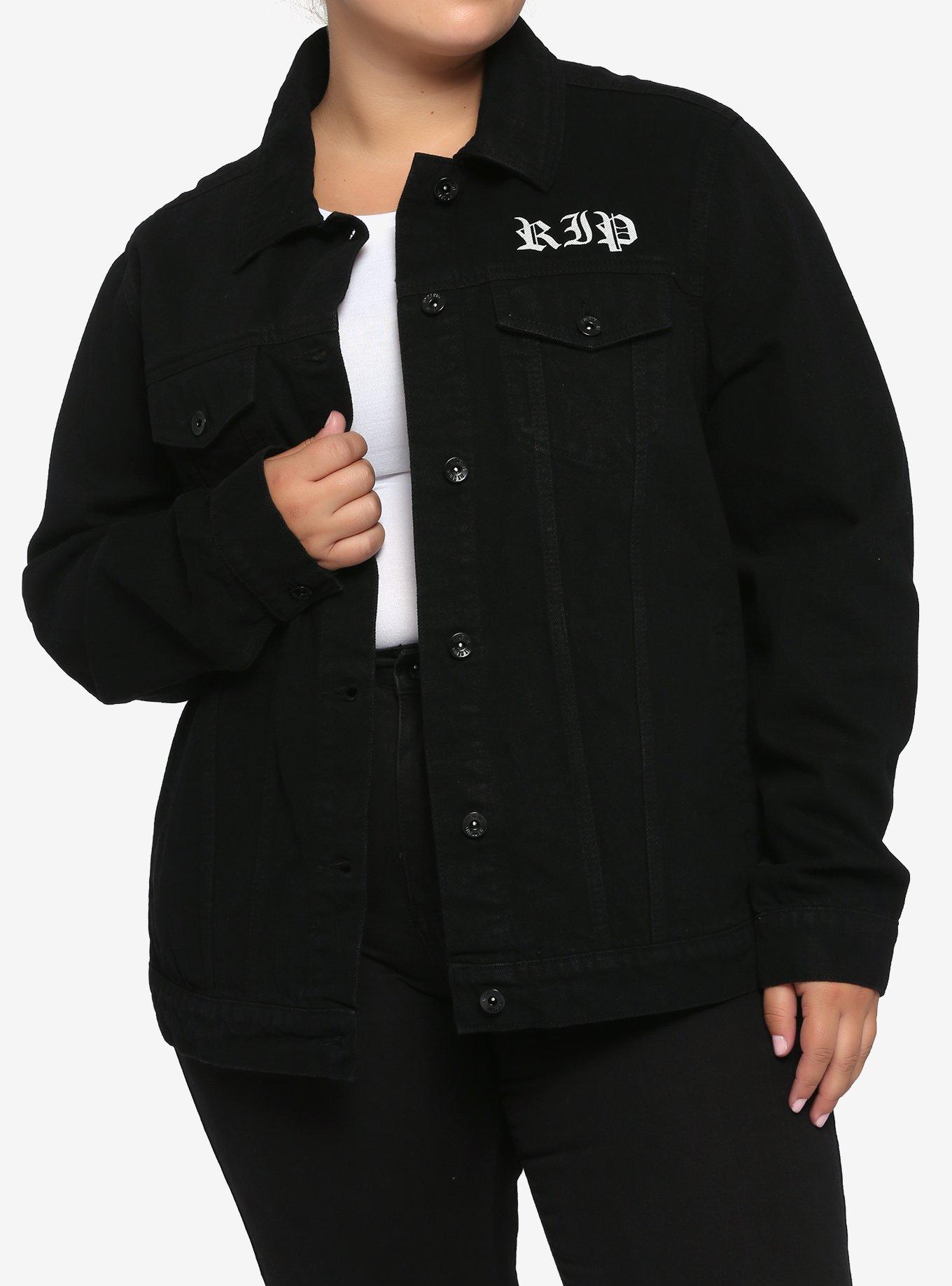 Floral Coffin Girls Denim Jacket Plus Size, WHITE, hi-res