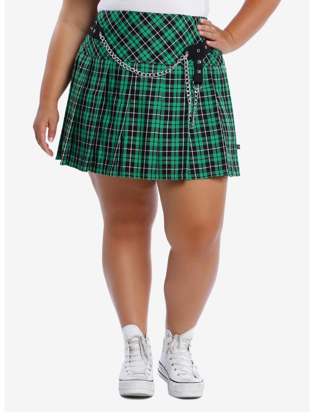 Tripp Green Plaid Skirt With Chains Plus Size, BLACK, hi-res