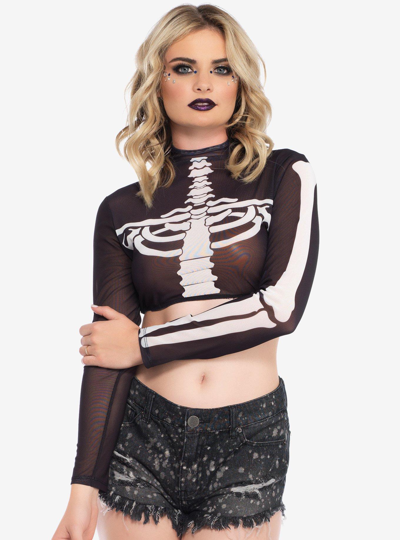 Skeleton Black And White High Neck Long Sleeve Crop Top, BLACK  WHITE, hi-res