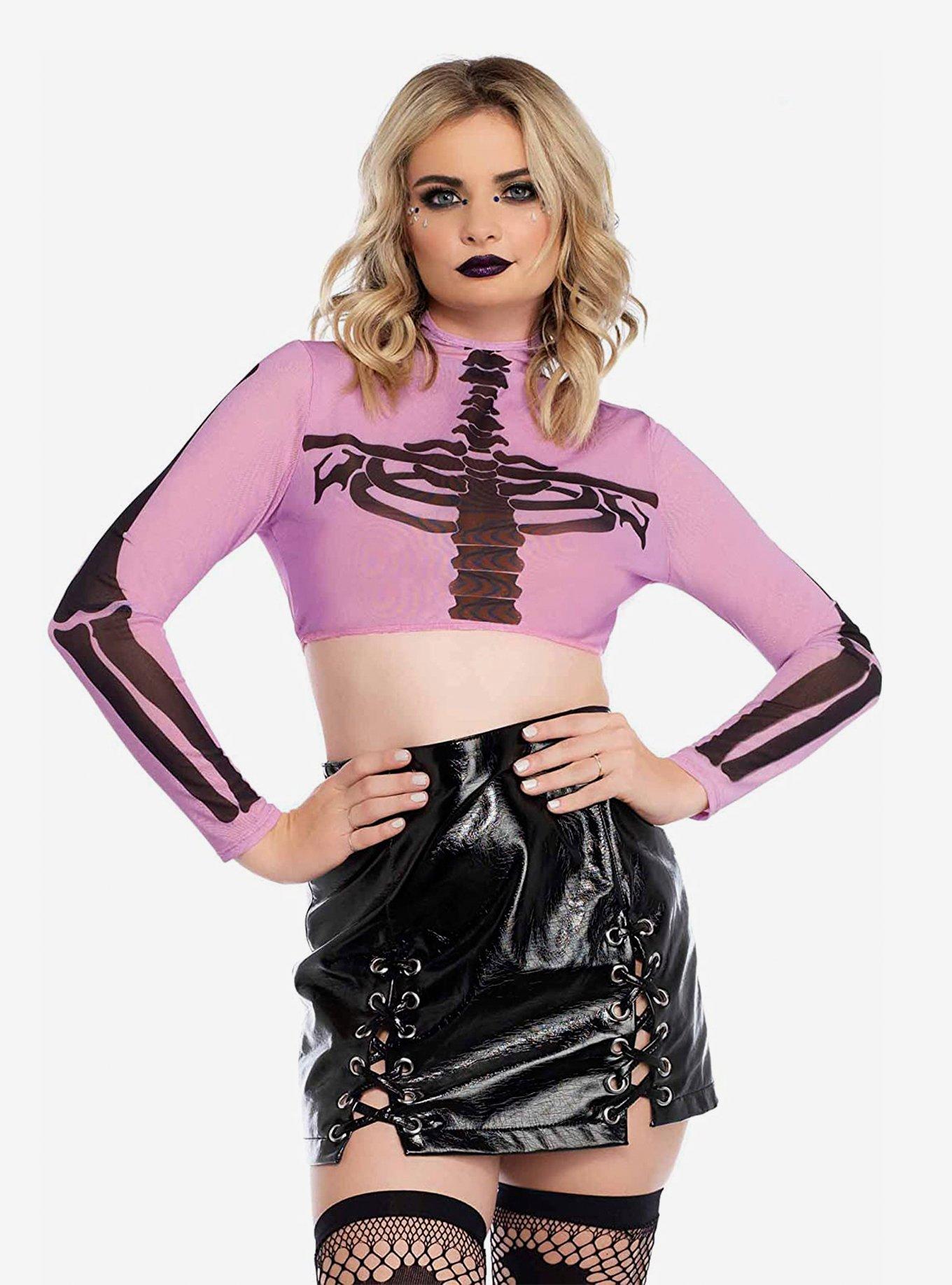 Skeleton Purple And Black High Neck Long Sleeve Crop Top, PURPLE  BLACK, hi-res