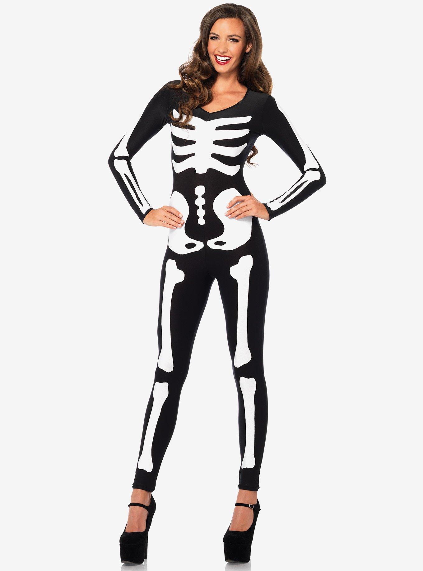 Glow In The Dark Spandex Skeleton Catsuit, BLACK  WHITE, hi-res