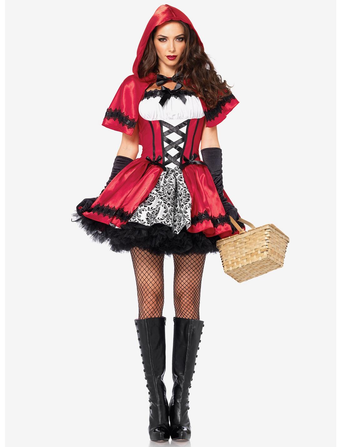 Gothic Red Riding Hood Peasant Dress, RED  WHITE, hi-res