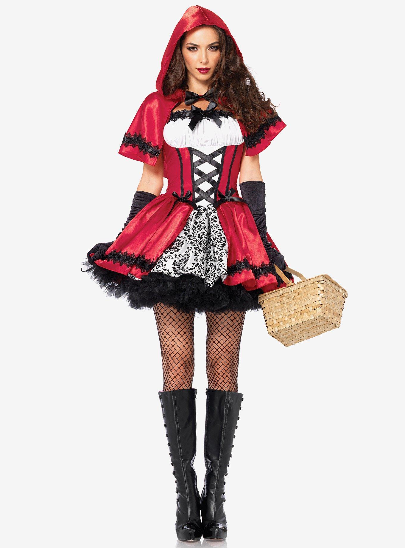 Gothic Red Riding Hood Peasant Dress, RED  WHITE, hi-res