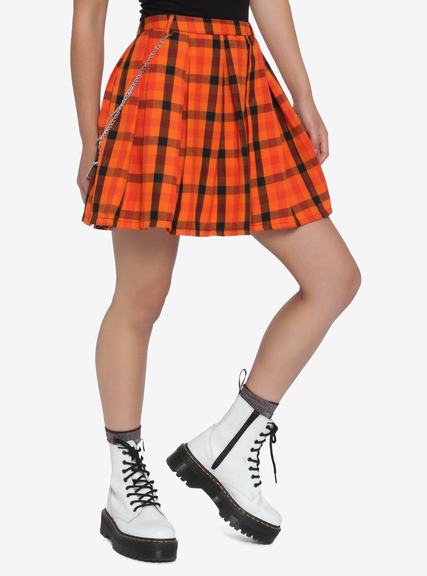 Orange Plaid Pleated Chain Skirt, PLAID, hi-res