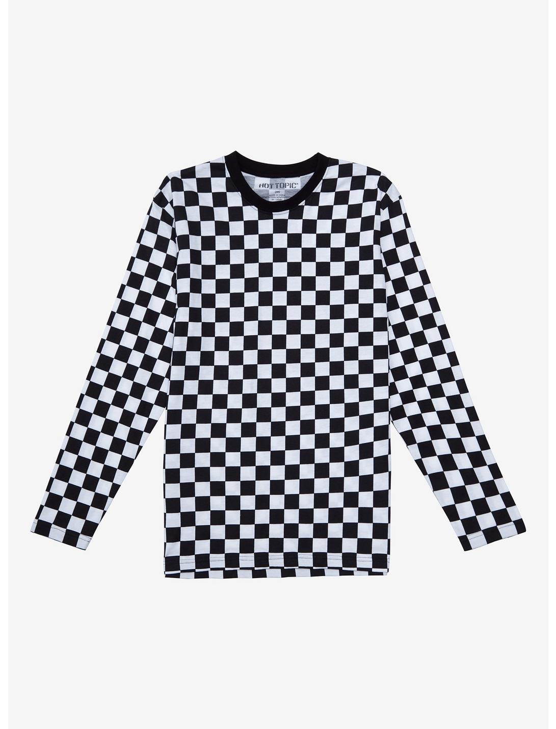 Black & White Checkered Long-Sleeve T-Shirt, WHITE, hi-res