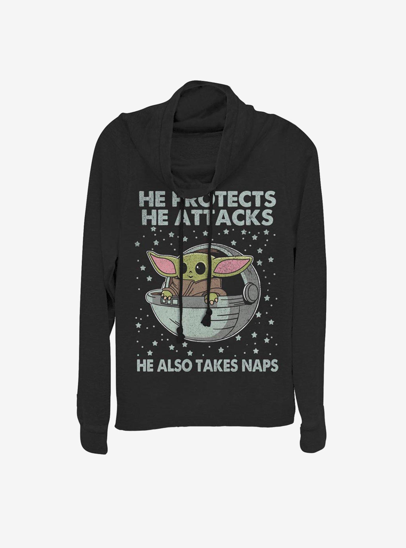 Star Wars The Mandalorian The Child Protect Attack And Nap Cowlneck Long-Sleeve Womens Top, , hi-res