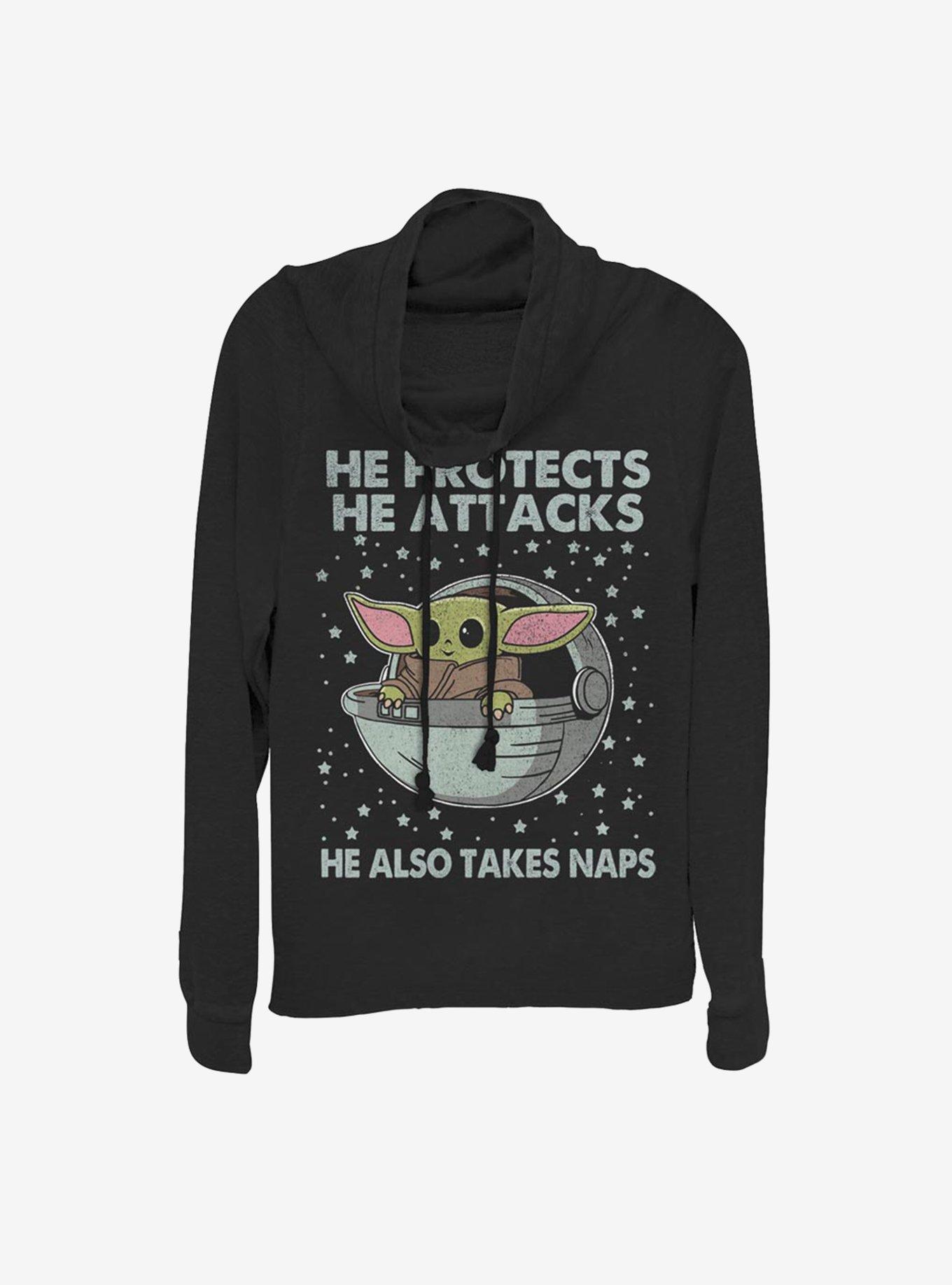 Star Wars The Mandalorian The Child Protect Attack And Nap Cowlneck Long-Sleeve Womens Top, , hi-res