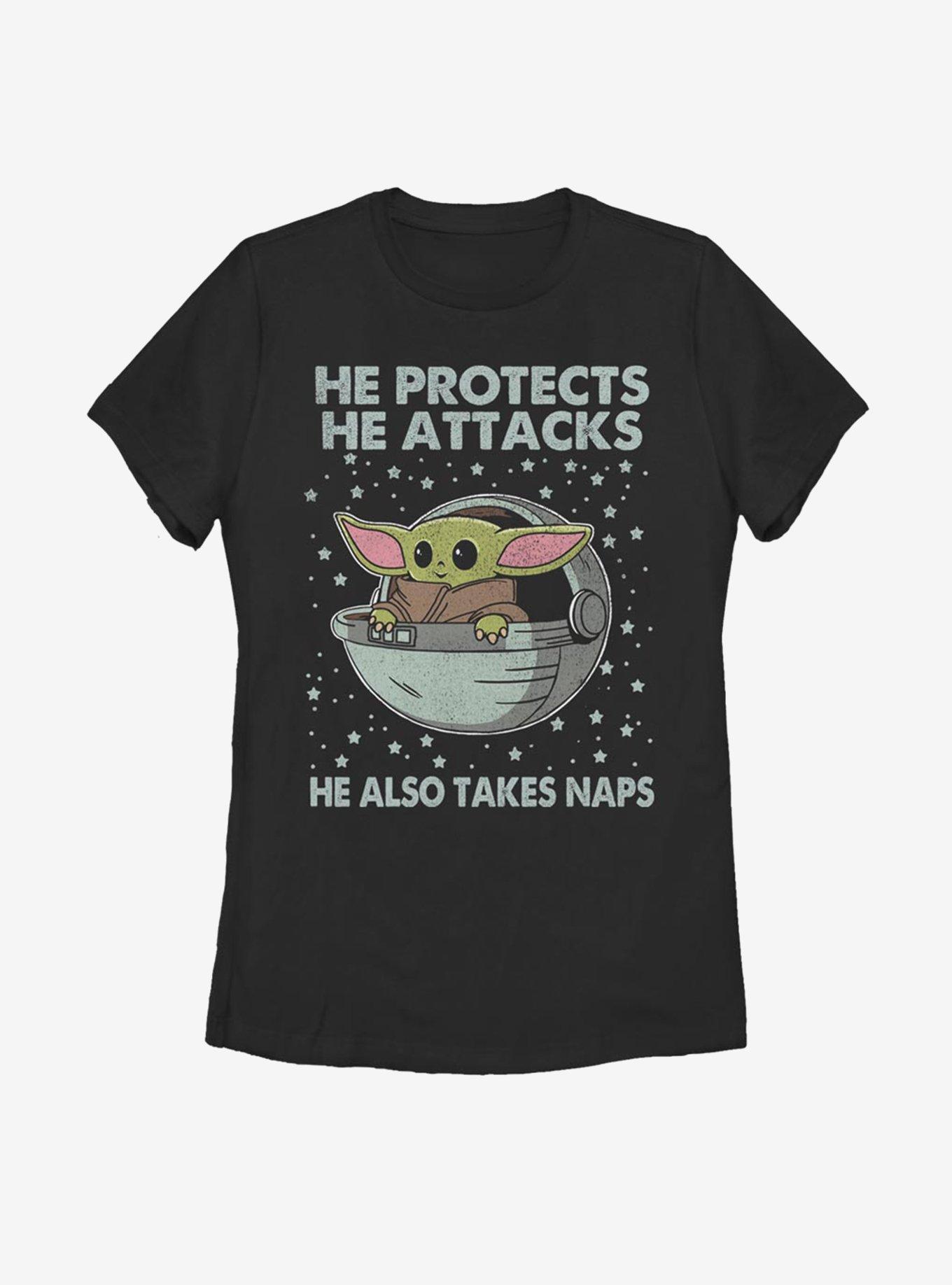 Star Wars The Mandalorian The Child Protect Attack And Nap Womens T-Shirt, BLACK, hi-res