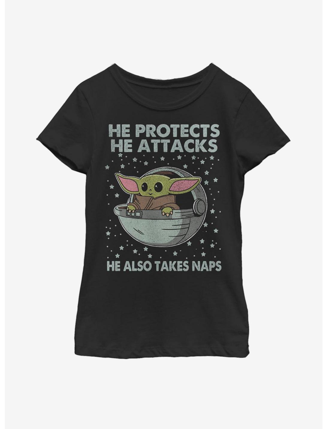 Star Wars The Mandalorian The Child Protect Attack And Nap Youth Girls T-Shirt, BLACK, hi-res