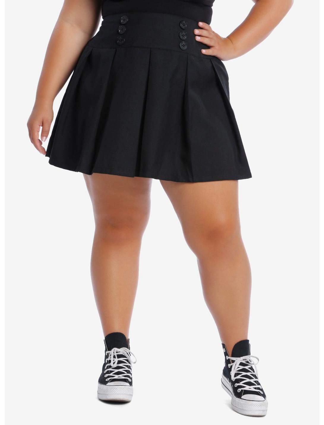 Sailor Button Detail Pleated Skirt Plus Size, BLACK, hi-res