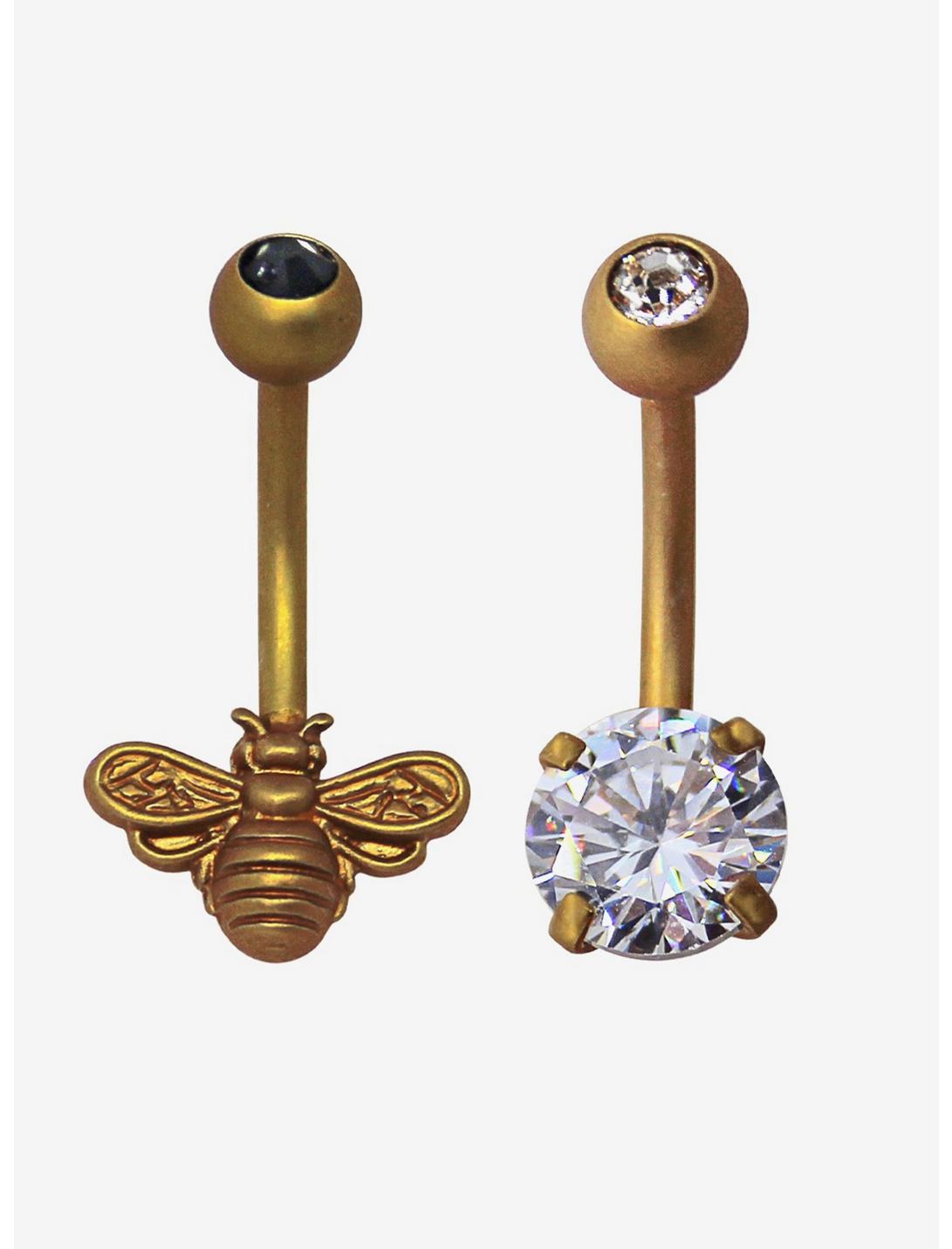 14G Steel Gold Bee & CZ Navel Barbell 2 Pack, , hi-res