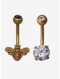 14G Steel Gold Bee & CZ Navel Barbell 2 Pack, , hi-res