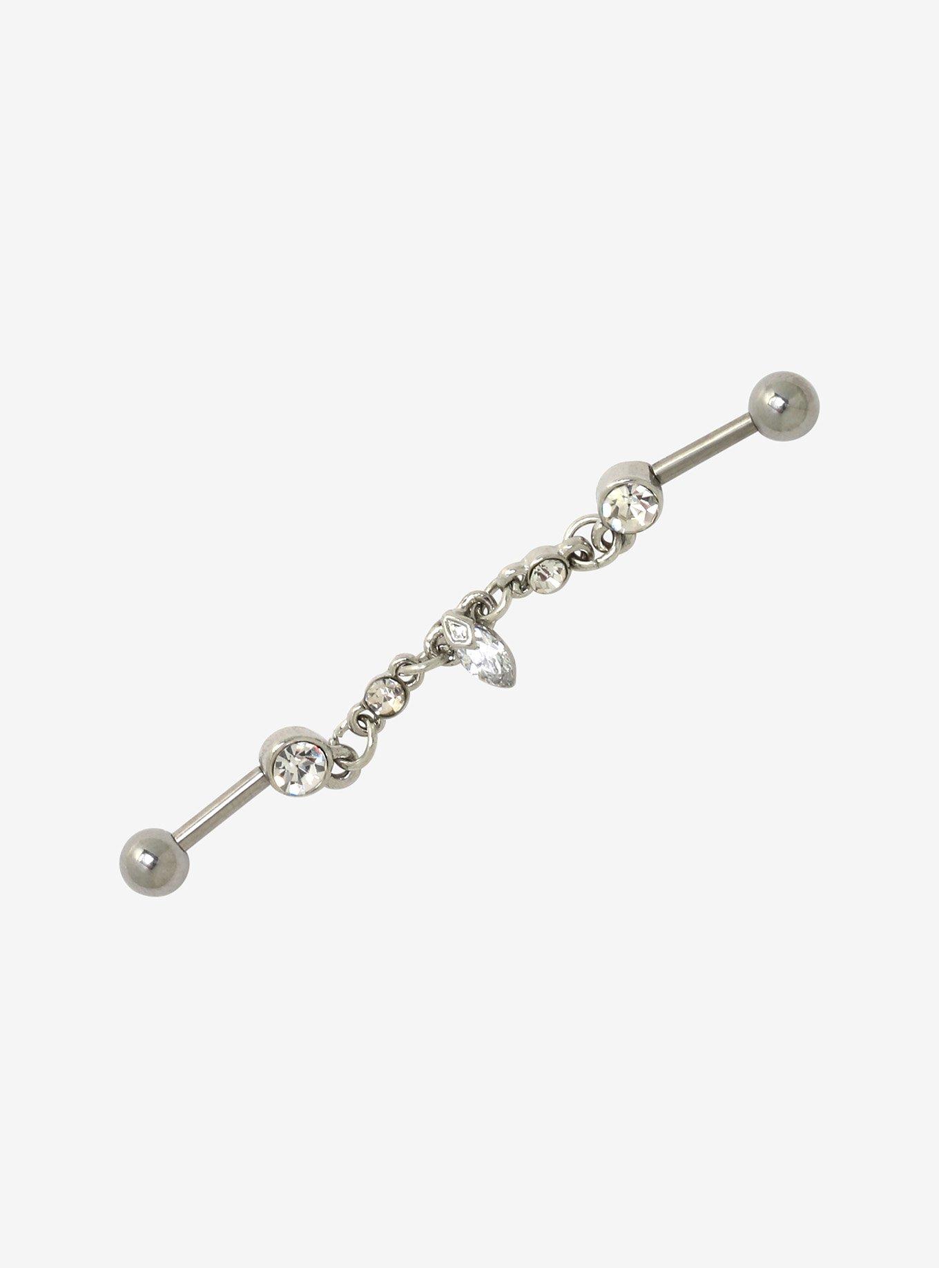 Steel Silver CZ Drop Industrial Barbell, , hi-res