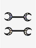 14G Steel Black Jeweled Crescent Moon Nipple Barbell 2 Pack, , hi-res