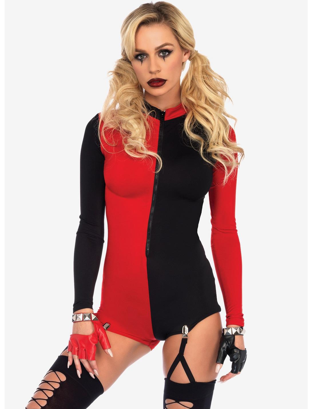 Two-Tone Harlequin Romper Costume, BLACK  RED, hi-res