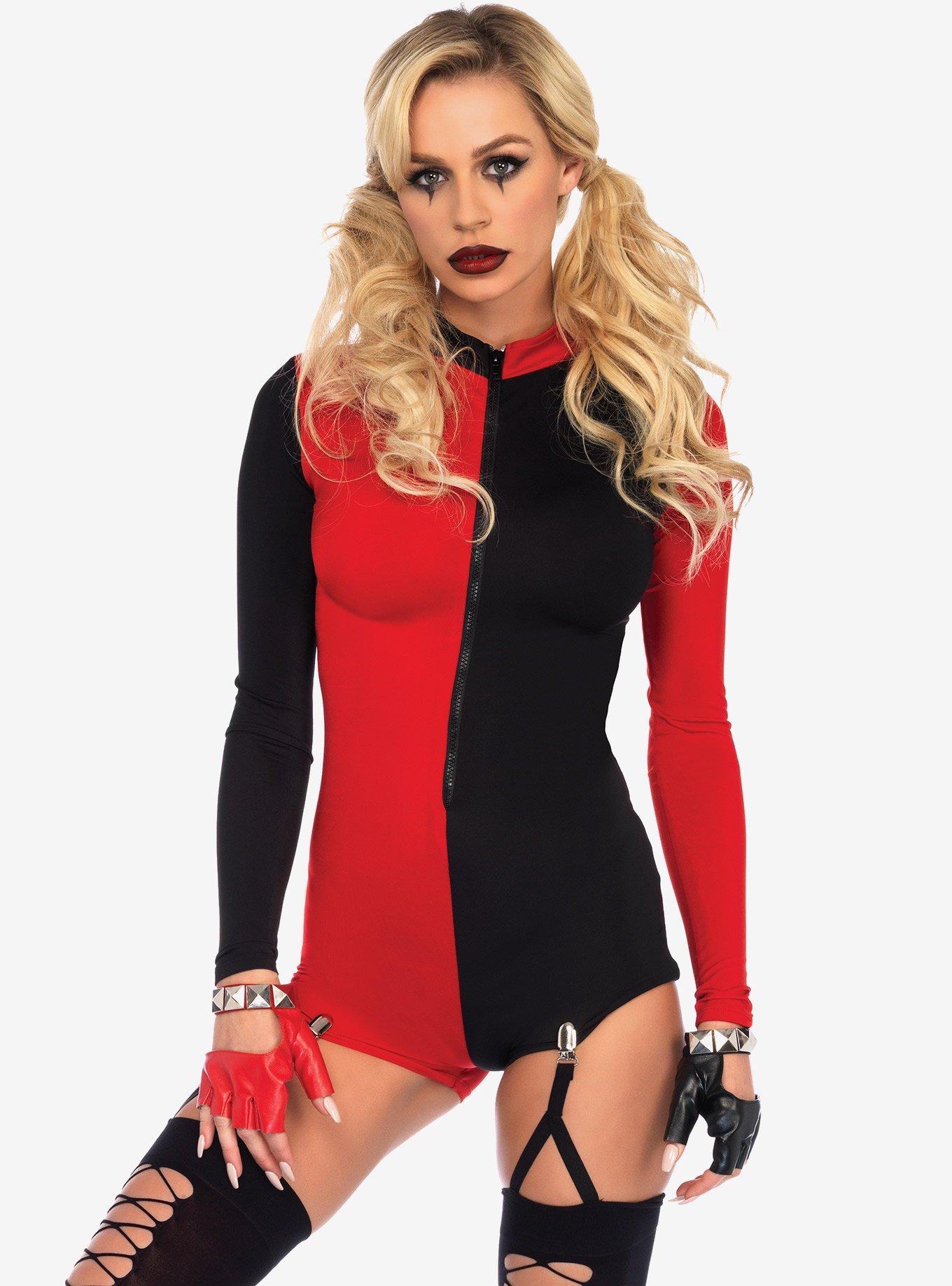 Two-Tone Harlequin Romper Costume, BLACK  RED, hi-res