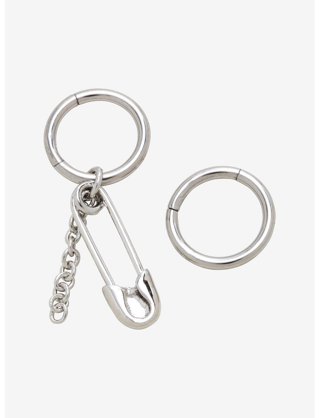 Steel Silver Safety Pin Chain Hinged Hoop 2 Pack, SILVER, hi-res