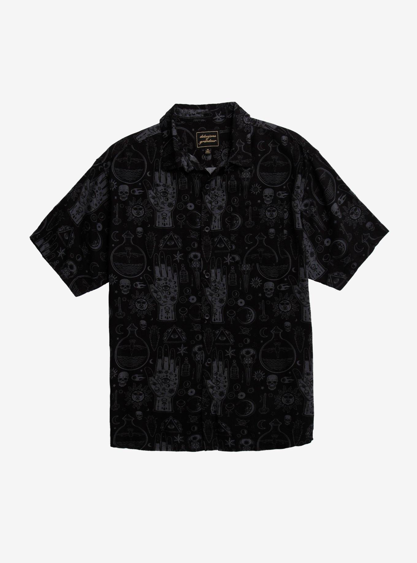 Black & Grey Alchemy Symbols Woven Button-Up, GREY, hi-res