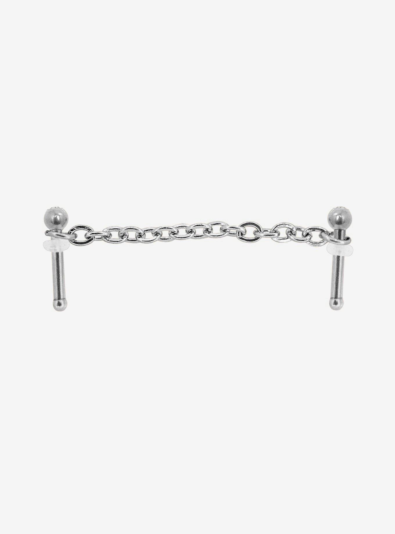 Steel Silver Chain Ball Double Nose Stud, SILVER, hi-res