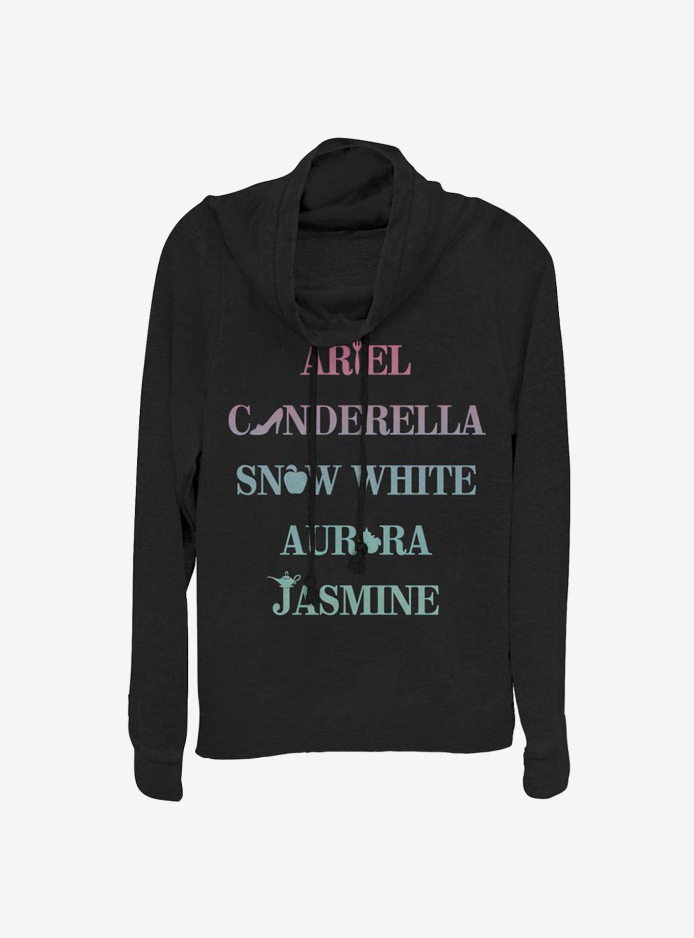 Disney Princesses Name Stack Icons Cowl Neck Long-Sleeve Womens Top, BLACK, hi-res view 1