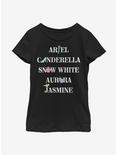 Disney Princesses Name Stack Faux Patch Icons Youth Girls T-Shirt, BLACK, hi-res