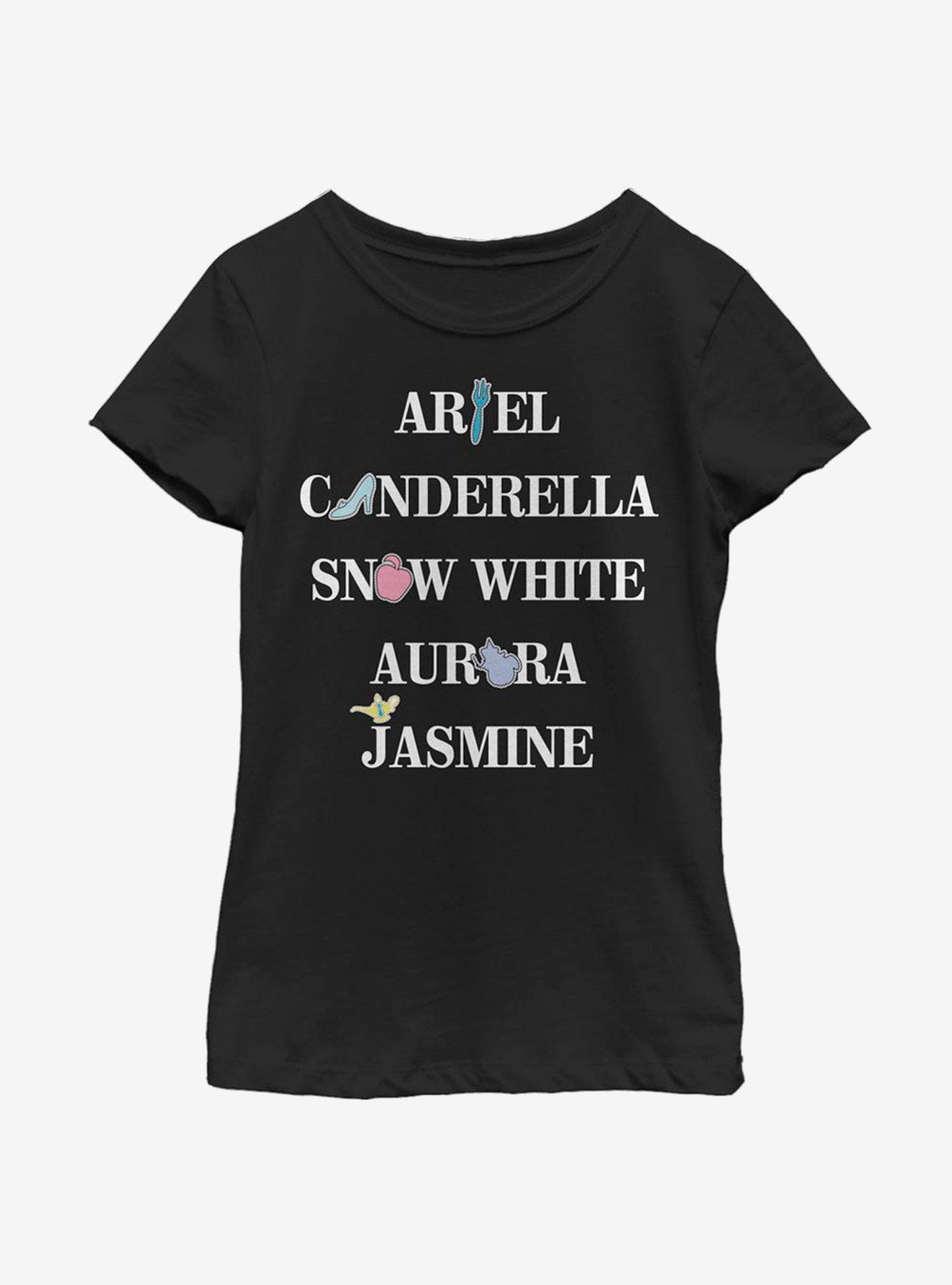 Disney Princesses Name Stack Faux Patch Icons Youth Girls T-Shirt, BLACK, hi-res