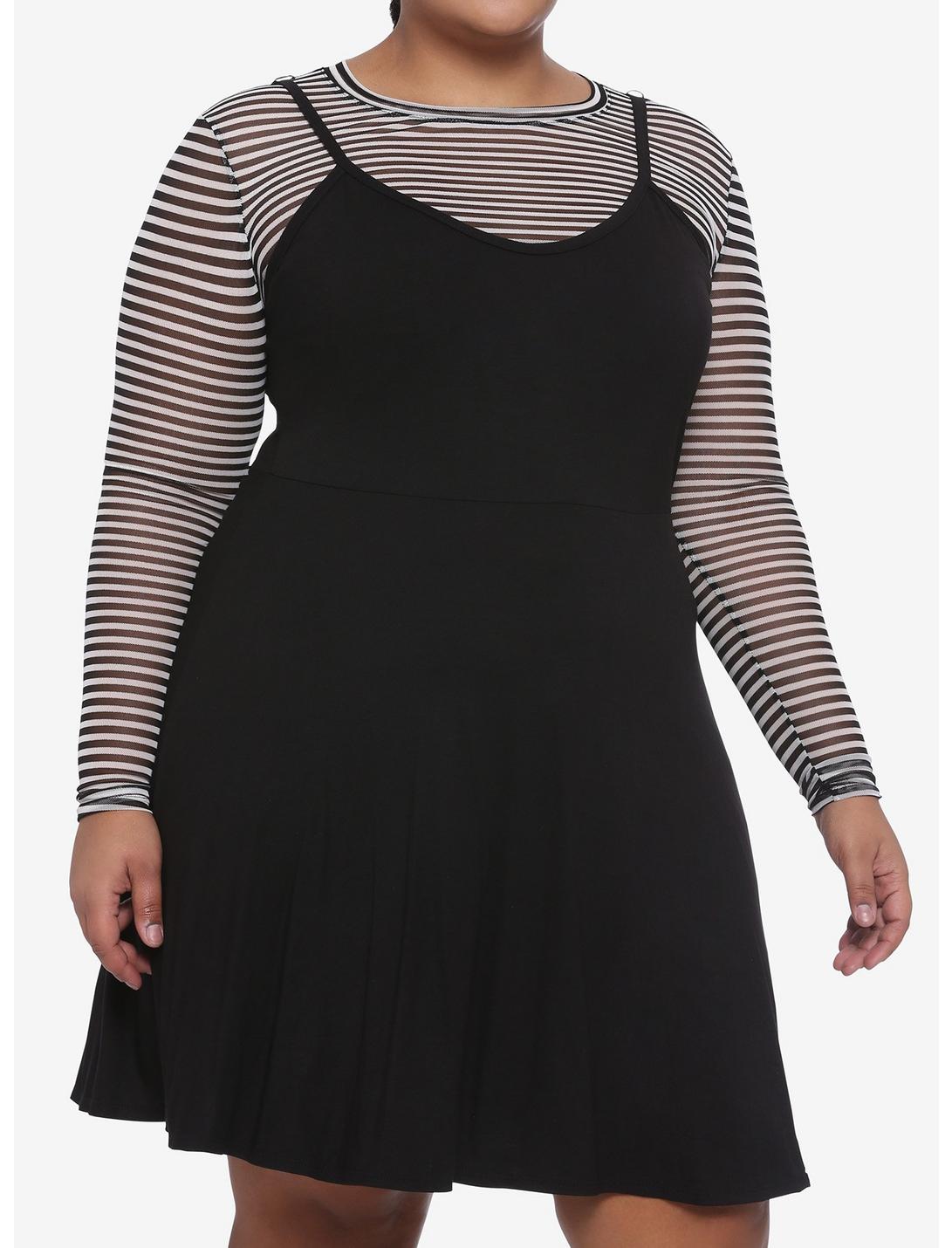 Striped Mesh Layered Dress Plus Size, STRIPE-BLACK WHITE, hi-res