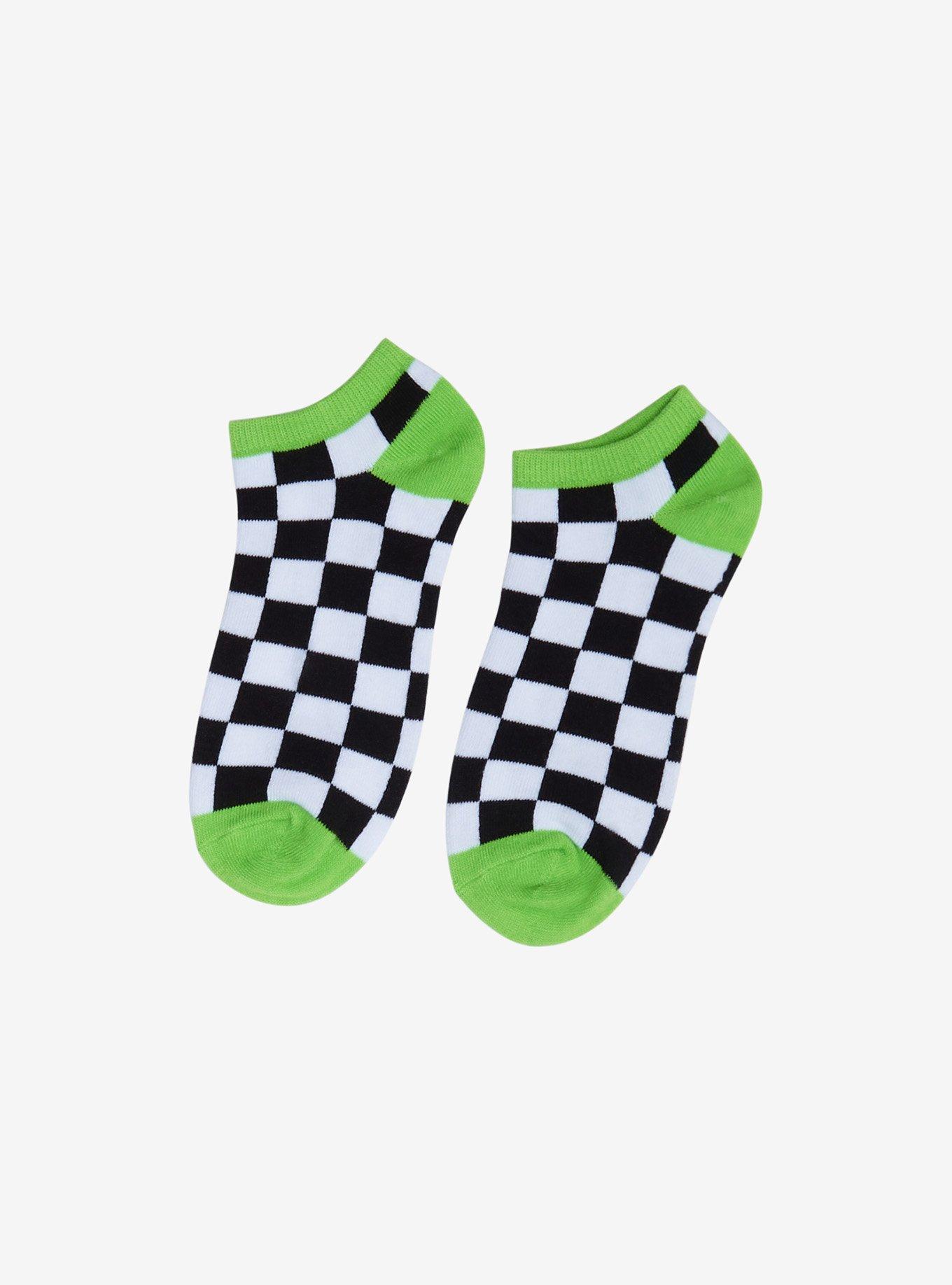 Checkered & Neon Green No-Show Socks, , hi-res