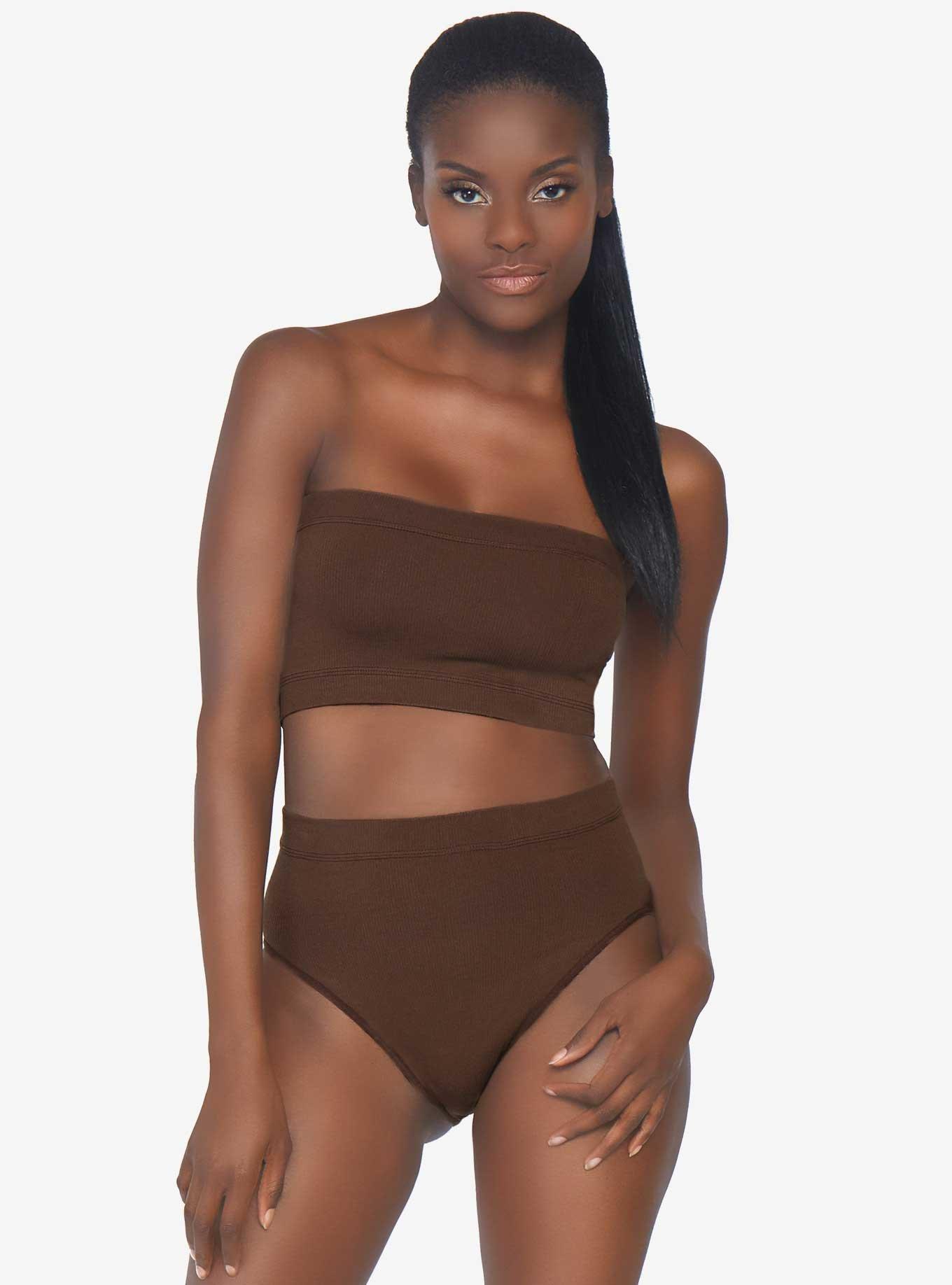 Deep Seamless Bandeau And Briefs Set, BROWN, hi-res